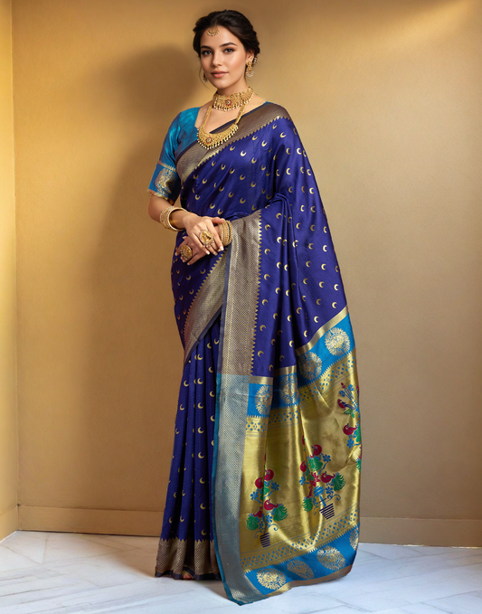 Traditional Navy Blue Chand Design Paithani Silk Saree With Zari Weaving Work