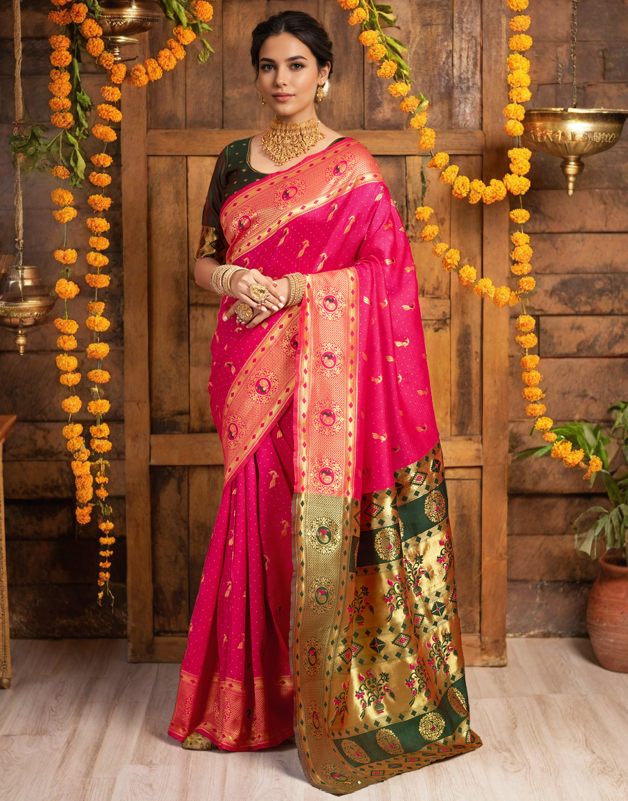 Traditional Pink Paithani Silk Saree With Zari Weaving Work
