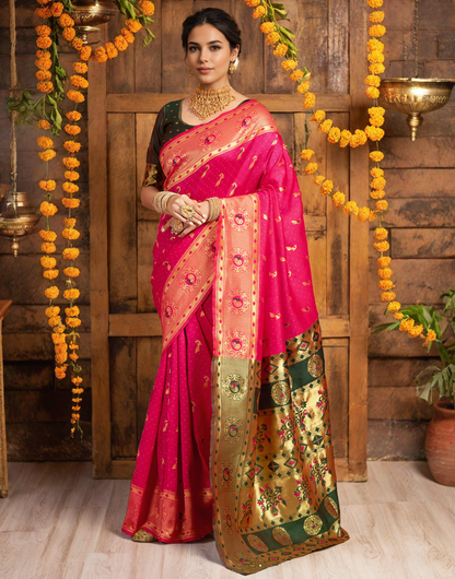 Traditional Pink Paithani Silk Saree With Zari Weaving Work