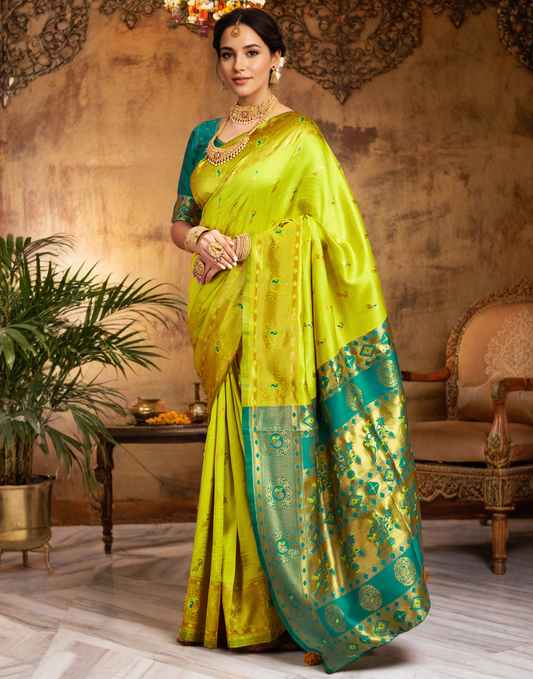 Traditional Parrot Green Paithani Silk Saree With Zari Weaving Work
