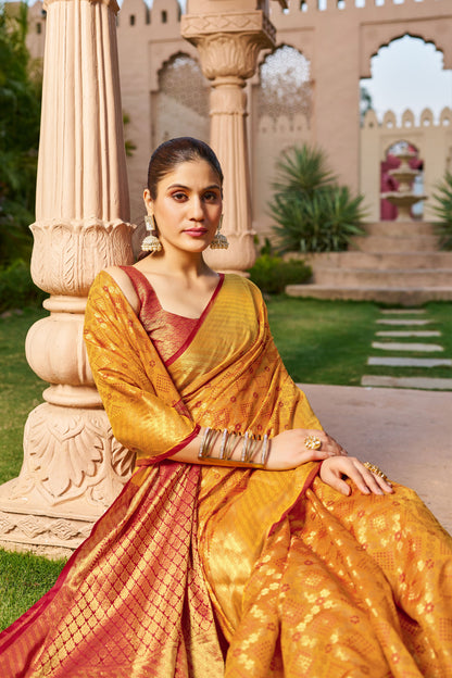Mustard Yellow Patola Silk Saree With Woven Design | Bridal Wedding & Festive Wear – JaipurSaaj