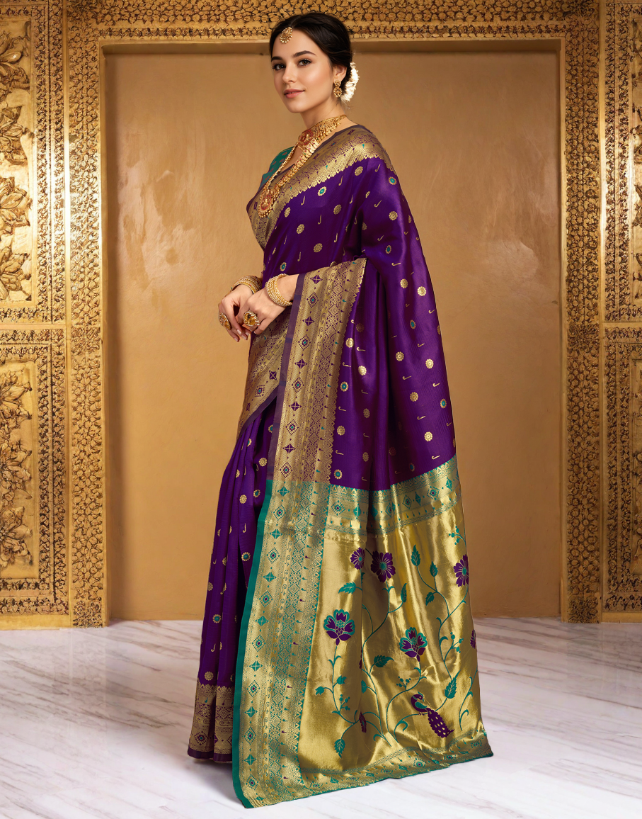 Traditional Wine Paithani Silk Saree With Zari Weaving Work