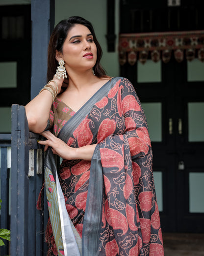 Multi Floral Digital Printed Linen Cotton Saree