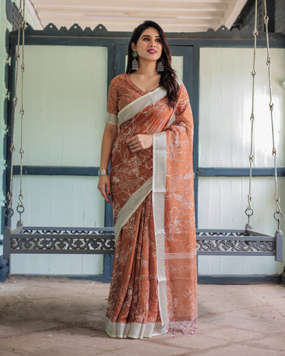 Coffee Digital Printed Linen Cotton Saree | Summer Special Office & Casual Wear – JaipurSaaj