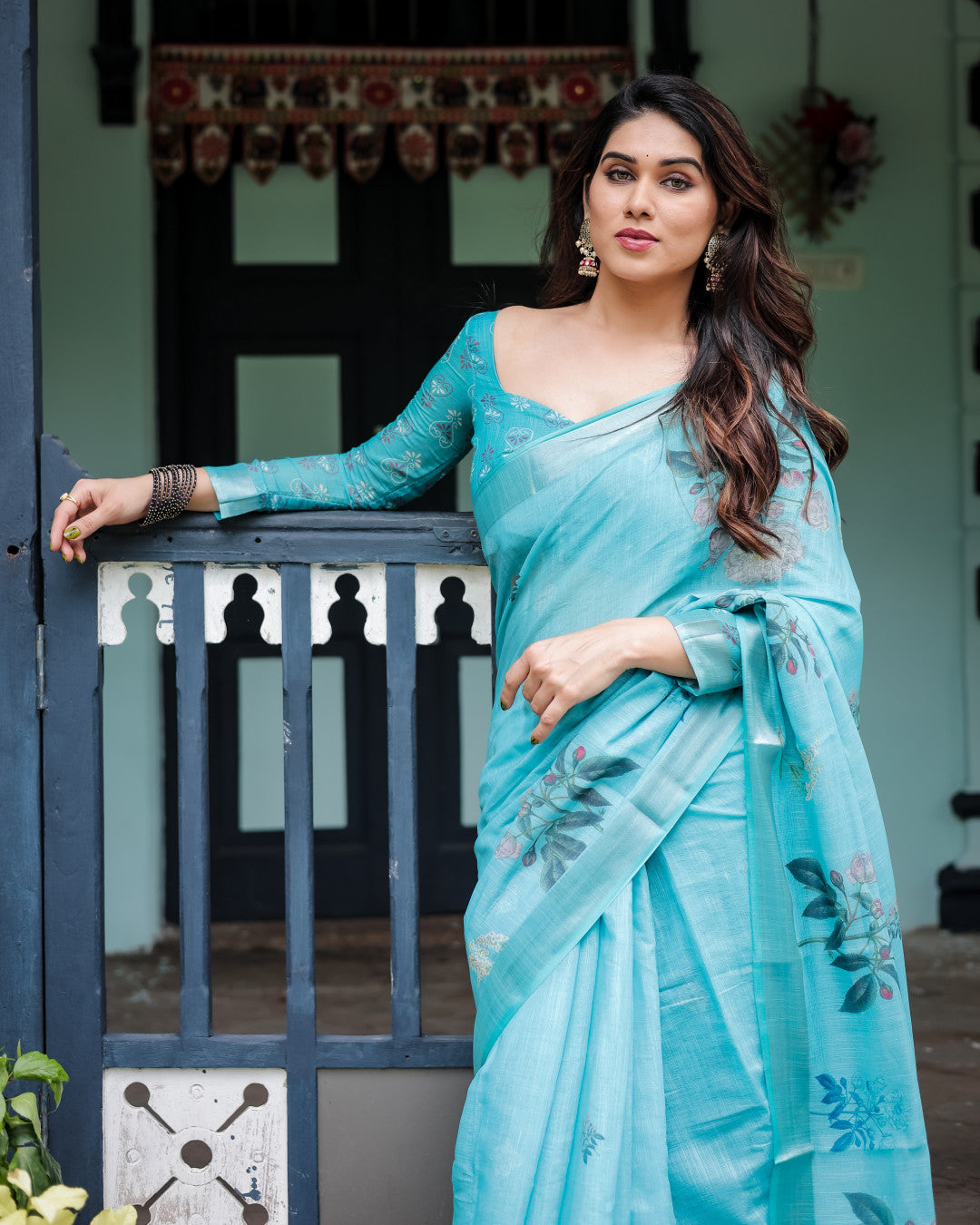 Sky Blue Floral Digital Printed Linen Cotton Saree | Office & Casual Ethnic Wear – JaipurSaaj