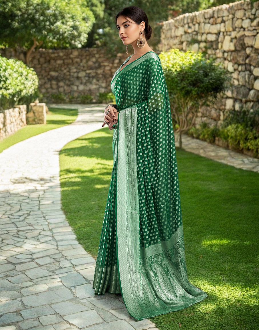 Green Fancy Georgette Saree With Jacquard Weaving Work