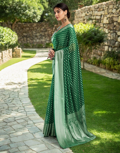 Green Fancy Georgette Saree With Jacquard Weaving Work