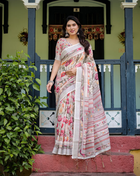 Multi Summer Special Digital Printed Linen Cotton Saree