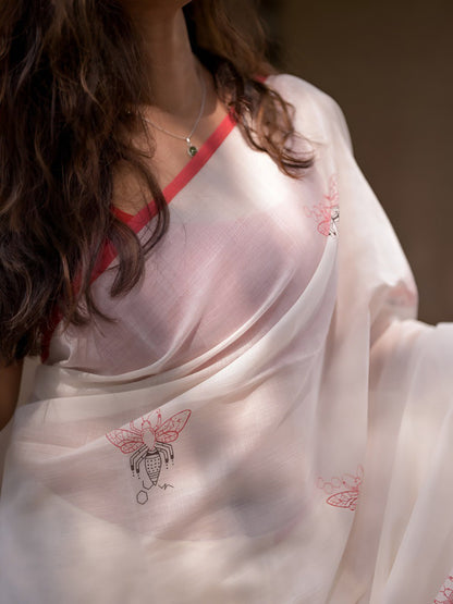 White Linen Cotton Saree With Digital Printed Work And Silver Zari Border