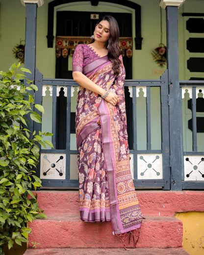 Magenta Summer Special Digital Printed Linen Cotton Saree