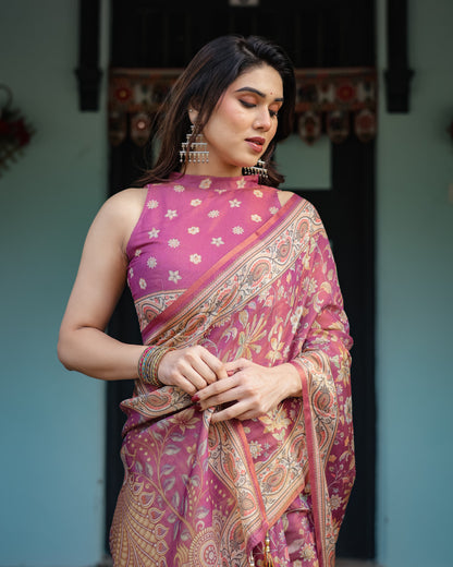 Magenta Soft Linen Cotton Saree With Kalamkari Printed Work