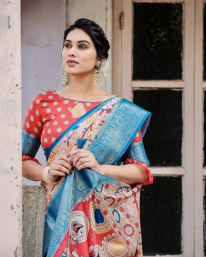Multi Kalamakari Floral Printed Tussar Silk Saree With Zari Motif Border | Festive Ethnic Wear – JaipurSaaj