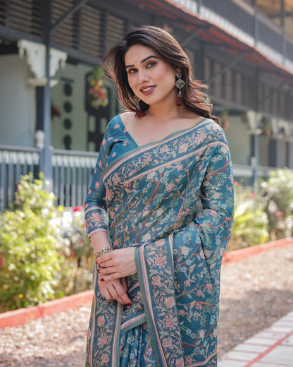 Blue Kalamkari Digital Printed Linen Cotton Saree | Summer Casual & Ethnic Wear – JaipurSaaj