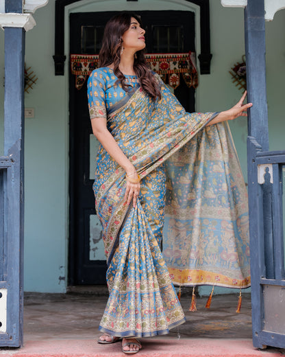 Multi Color Kalamkari Digital Printed Linen Cotton Saree | Summer Casual & Ethnic Wear – JaipurSaaj