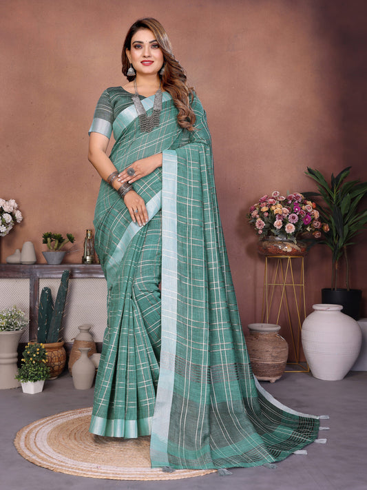 Rama Green Linen Cotton Saree With Silver Zari Border