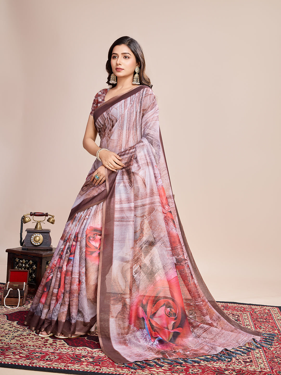 Brown Soft Linen Cotton Saree With Floral Printed Work