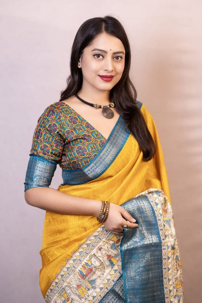 Yellow Dola Silk Saree With Beautiful Madhubani Printed Pallu Work