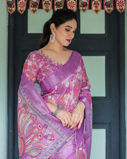 Pink Kalamkari Digital Printed Linen Cotton Saree | Summer Casual & Ethnic Wear – JaipurSaaj