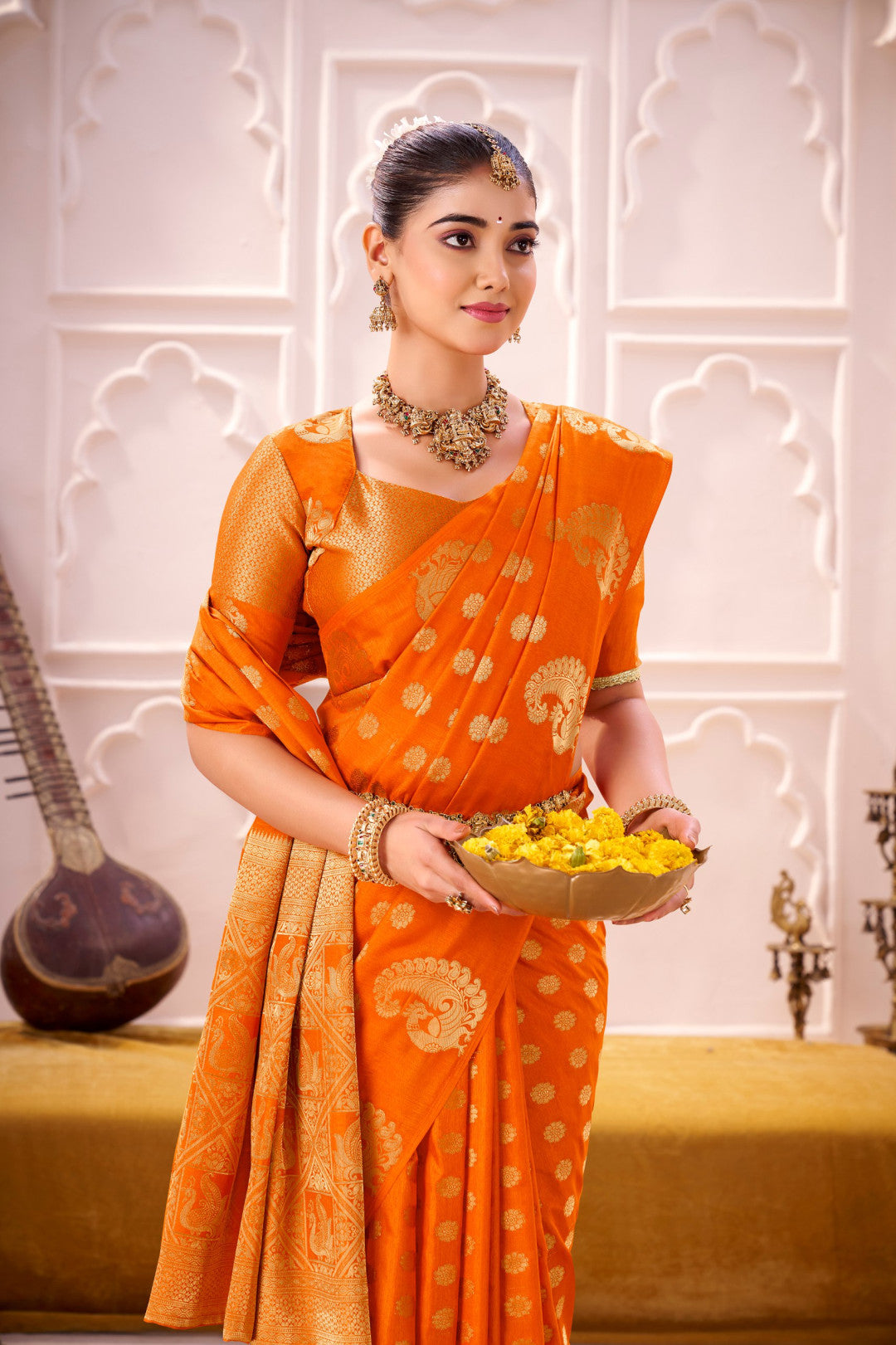 Orange Soft Roop Silk Saree With Printed Work & Zari Weaving Border | Traditional Festive Wear – JaipurSaaj