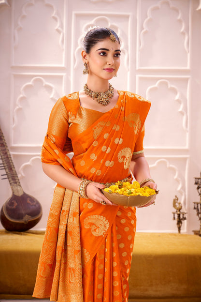 Orange Soft Roop Silk Saree With Printed Work & Zari Weaving Border | Traditional Festive Wear – JaipurSaaj