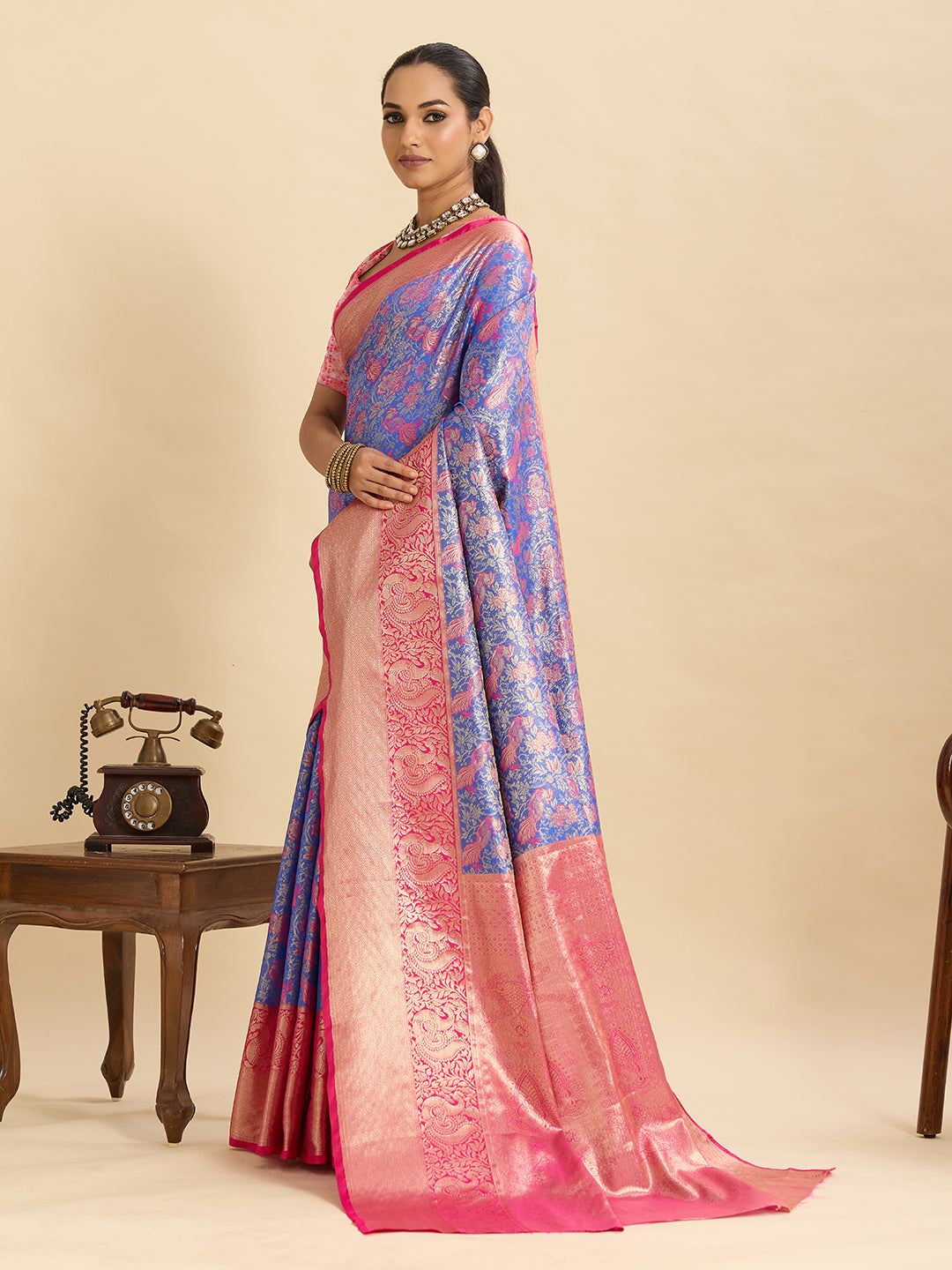 Blue Kanjivaram Silk Saree with Zari Weaving Work & Big Border | Bridal Wedding Wear – JaipurSaaj