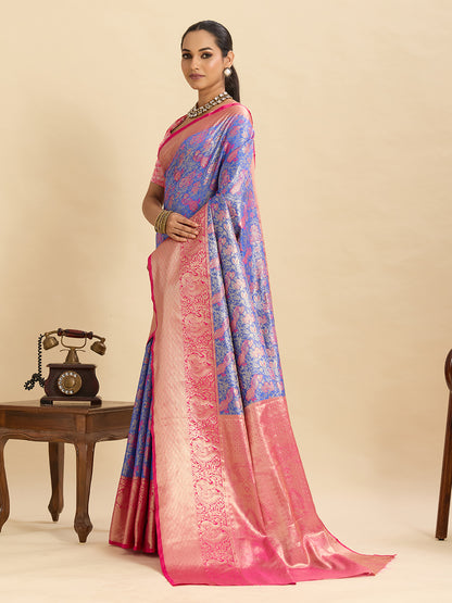 Blue Kanjivaram Silk Saree with Zari Weaving Work & Big Border | Bridal Wedding Wear – JaipurSaaj
