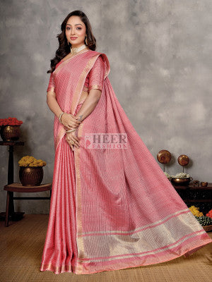 Pink Soft Linen Silk Saree With Zari Weaving Work