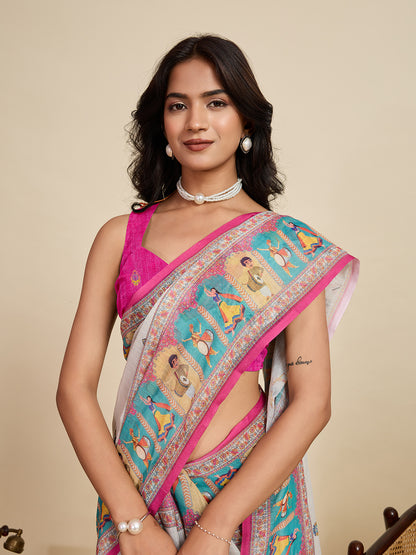 Off White Linen Cotton Saree With Digital Printed Work And Silver Zari Border | Lightweight Festive & Party Wear – JaipurSaaj