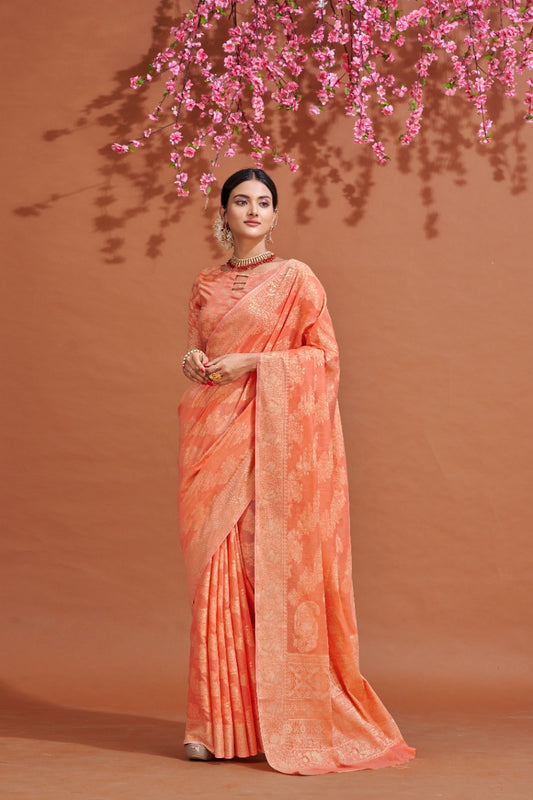 Peach Soft Cotton Saree With Lucknowi Work