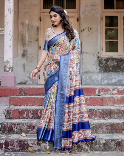 Multi Kalamakari Floral Printed Tussar Silk Saree With Zari Motif Border | Festive Ethnic Wear – JaipurSaaj