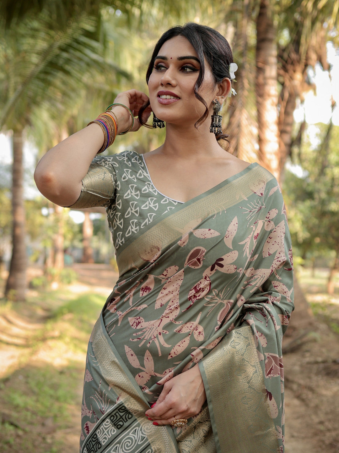 Olive Green Tussar Silk Saree with Floral Woven Motifs & Zari Border | Traditional Festive Wear – JaipurSaaj