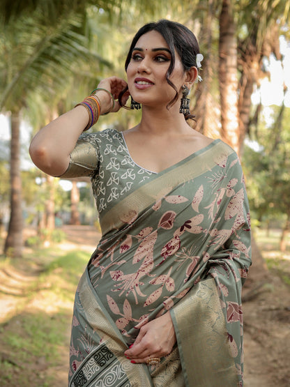 Olive Green Tussar Silk Saree with Floral Woven Motifs & Zari Border | Traditional Festive Wear – JaipurSaaj