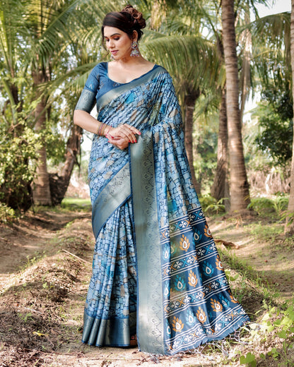 Rama Green Digital Printed Tussar Silk Saree With Zari Motif Border | Traditional Casual & Festive Wear – JaipurSaaj