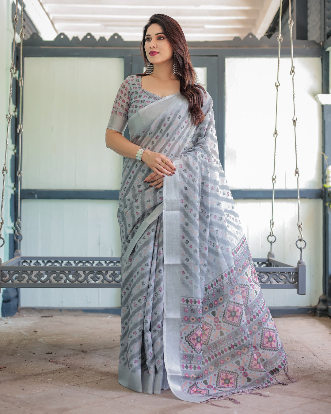 Gray Summer Special Digital Printed Linen Cotton Saree
