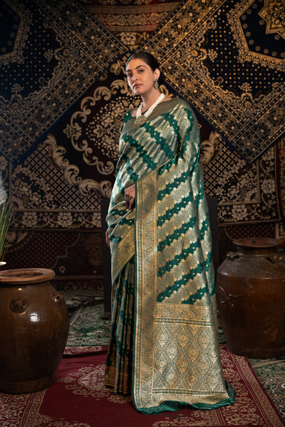 Bottle Green Banarasi Silk Saree With Zari Woven Work | Traditional Wedding & Bridal Wear – JaipurSaaj
