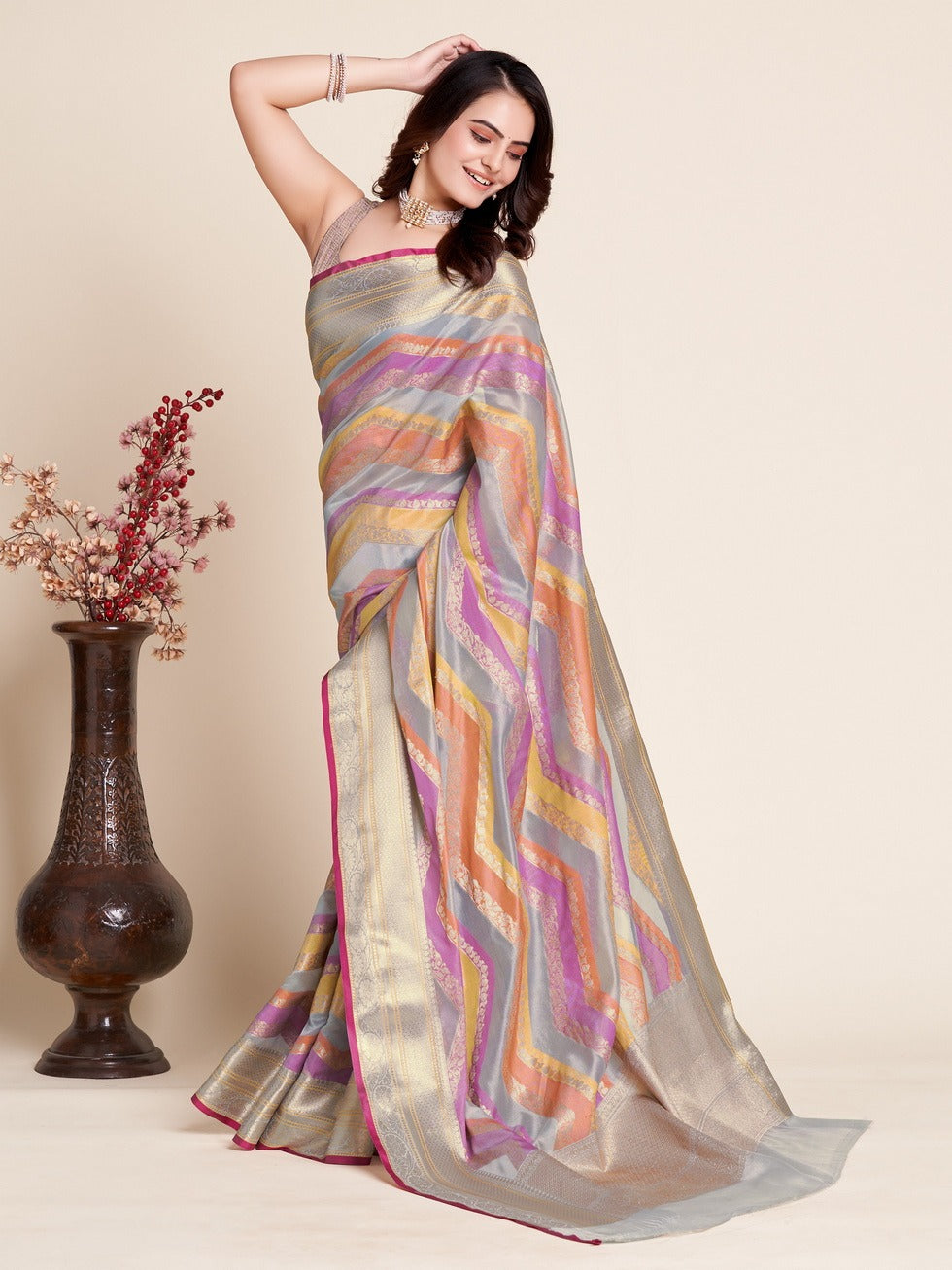 Multi Color Soft Organza Silk Saree With Zari Weaving Work | Festive Wedding & Party Wear – JaipurSaaj