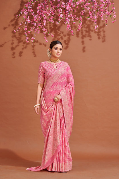 Pink Soft Cotton Saree With Lucknowi Work