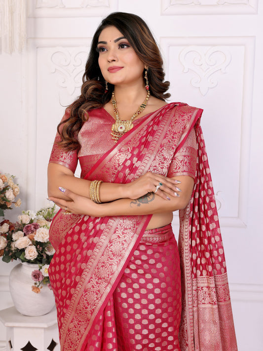 Pink Organza Silk Banarasi Saree With Zari Weaving Work | Bridal Wedding & Festive Wear – JaipurSaaj