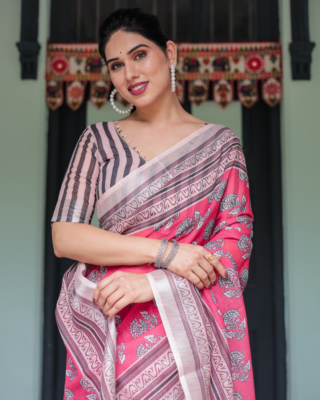 Gajari Soft Linen Cotton Saree With Digital Printed Work