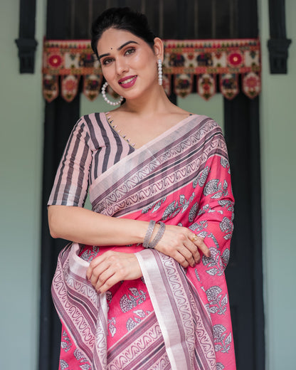 Gajari Soft Linen Cotton Saree With Digital Printed Work