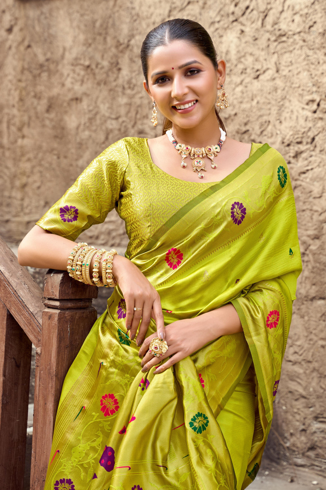 Traditional Parrot Green Paithani Silk Saree With Zari Weaving Work