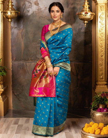 Traditional Morpeach Chand Design Paithani Silk Saree With Zari Weaving Work