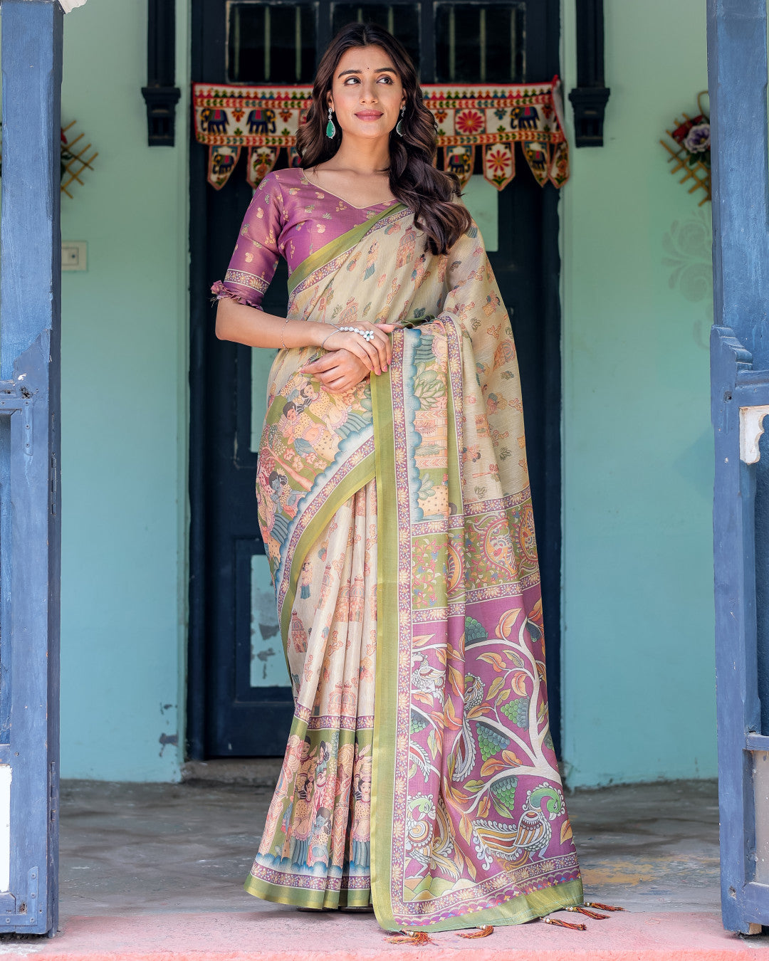 Multi Color Kalamkari Digital Printed Linen Cotton Saree | Summer Casual & Ethnic Wear – JaipurSaaj