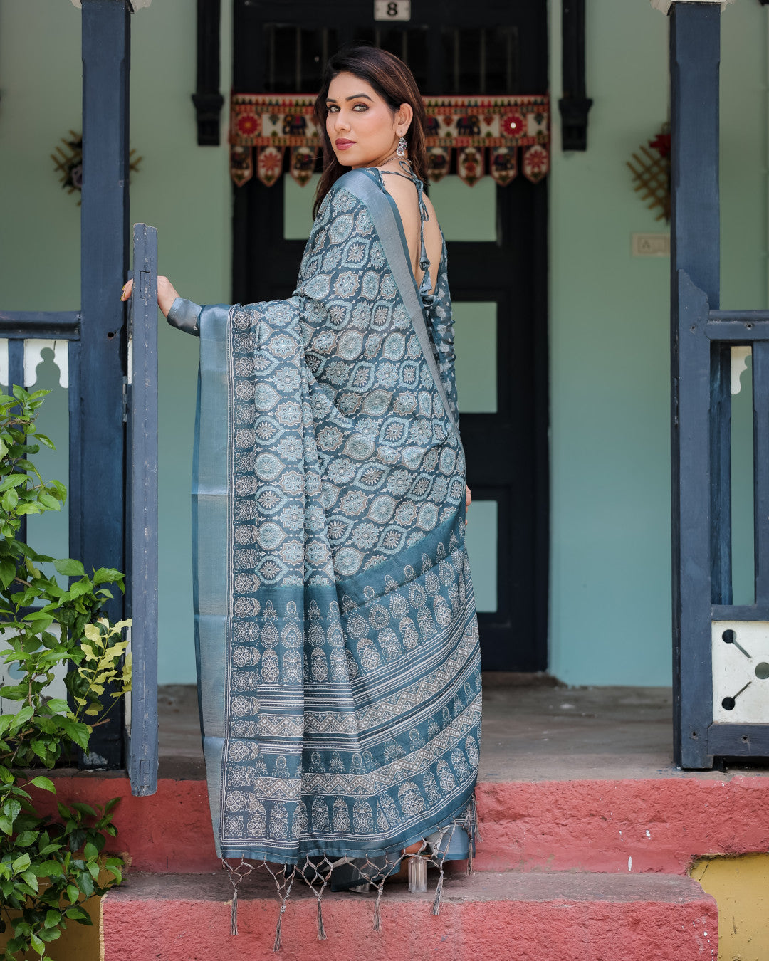 Teal Blue Summer Special Digital Printed Linen Cotton Saree