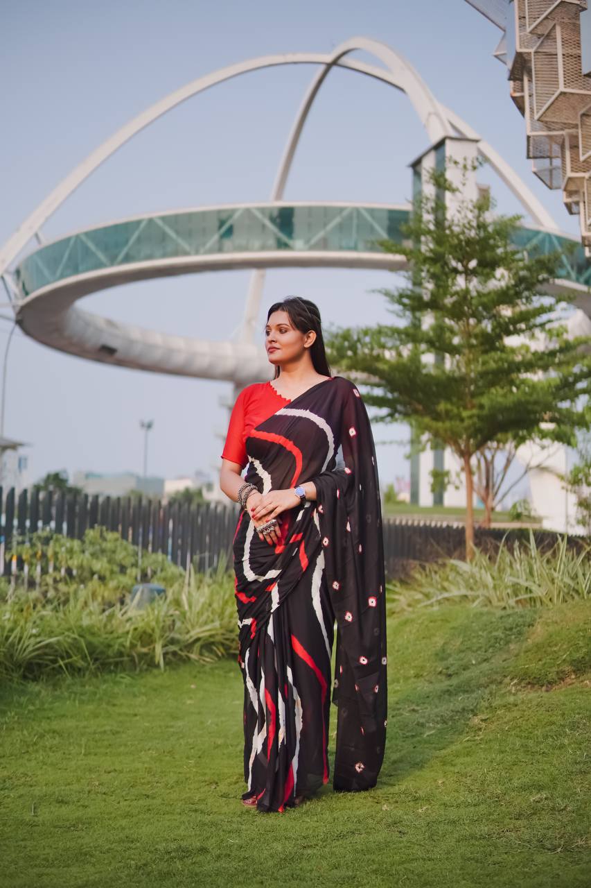 Black Soft Chinon Silk Saree With Shibori Printed Work | Casual & Festive Wear – JaipurSaaj