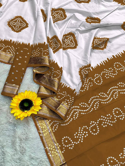 Light Brown Mulmul Cotton Saree With Bandhani Block Print & Zari Border | Ethnic Festive Wear – JaipurSaaj