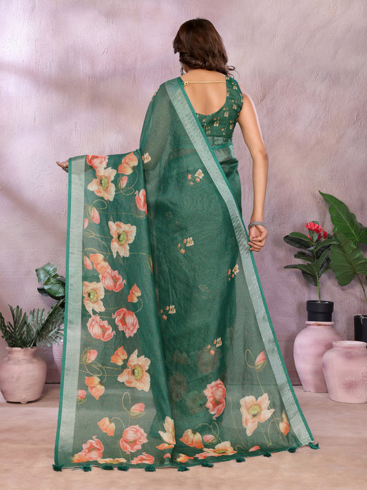 Green Linen Cotton Saree With Digital Printed Work And Silver Zari Border
