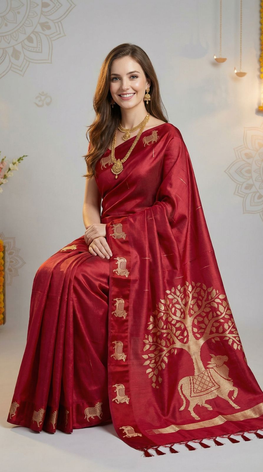 Red Khadi Raw Silk Saree With Zari Weaving Cow Pallu & Border | Traditional Festive Wear – JaipurSaaj