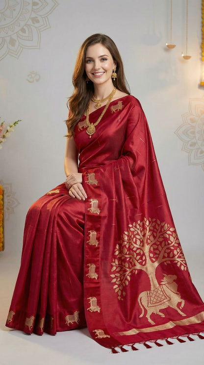 Red Khadi Raw Silk Saree With Zari Weaving Cow Pallu & Border | Traditional Festive Wear – JaipurSaaj