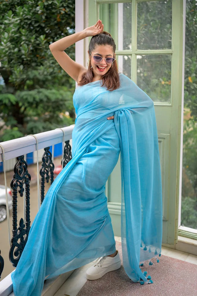 Sky Blue Plain Khadi Cotton Saree With Fancy Tassel Work | Handloom Office Wear – JaipurSaaj